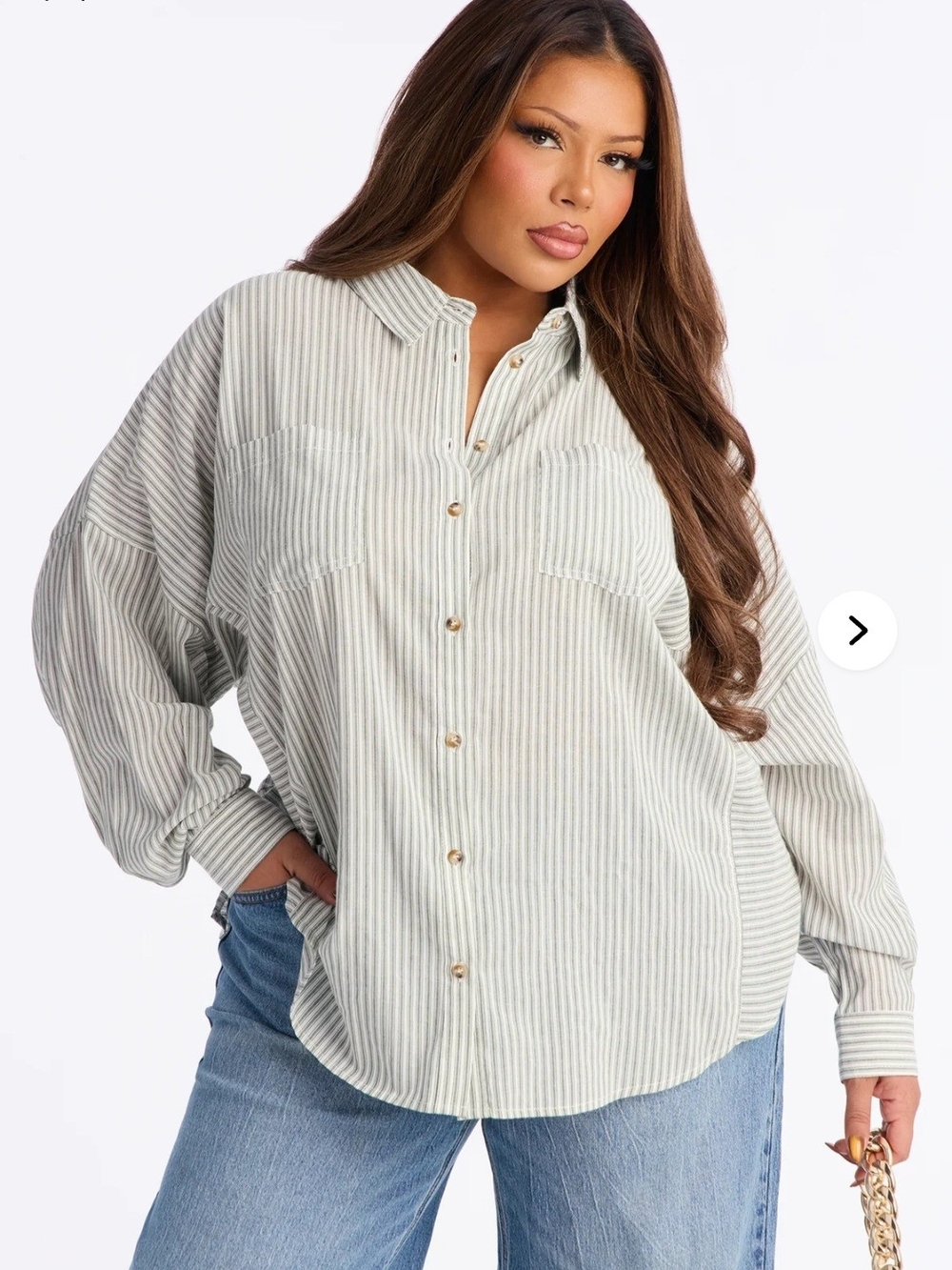 Fashion Nova Striped Button-Front Long Sleeve Shirt - Sage/White